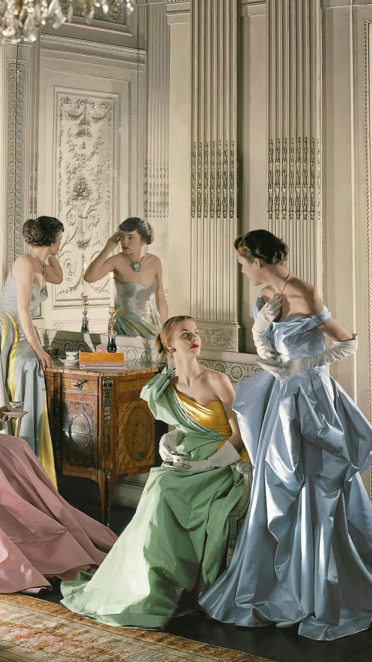 Elegant Women in Vintage Gowns in Luxurious Room.