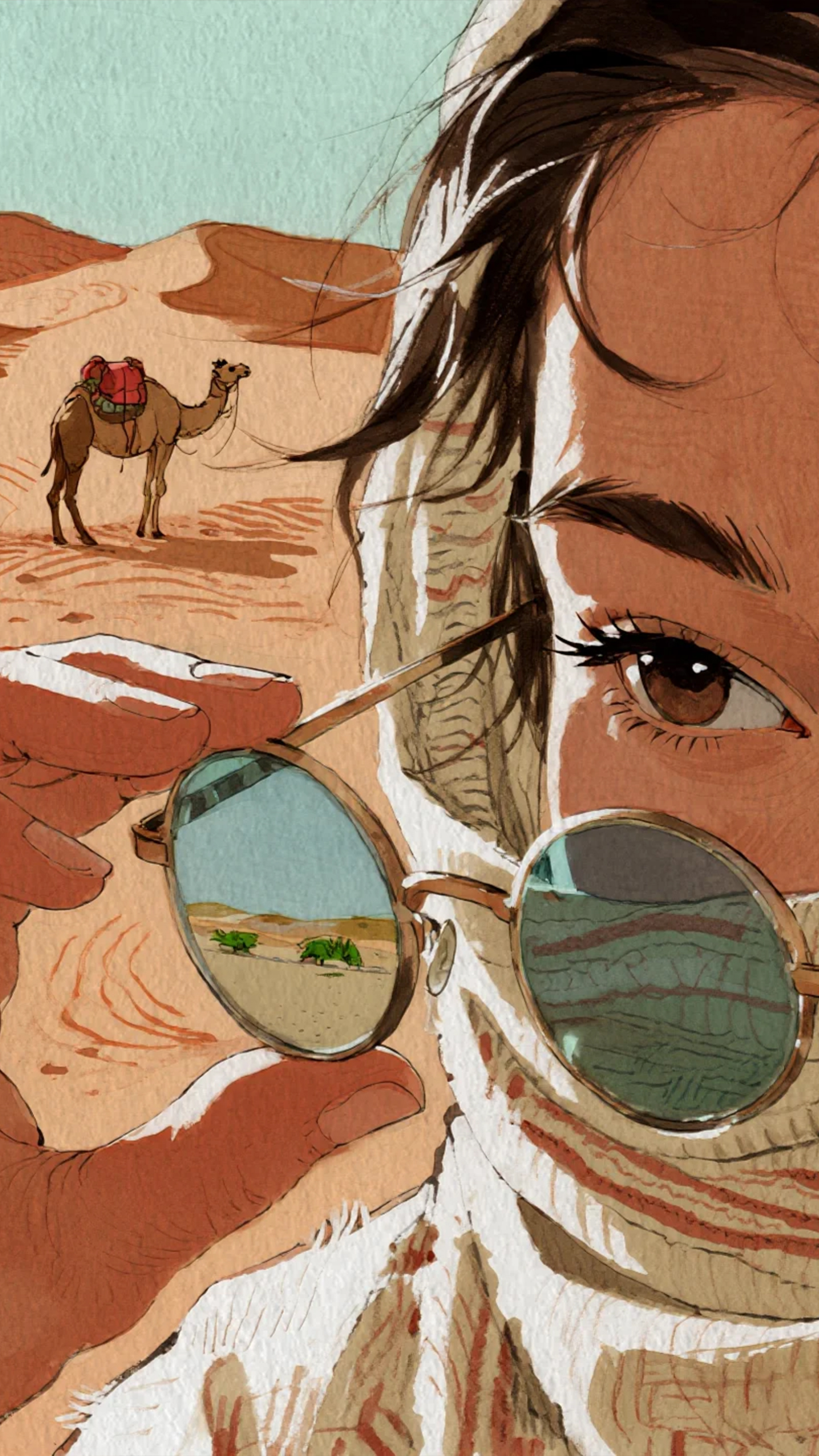 Illustration of a Girl Adjusting Sunglasses with Desert and Camel Reflection