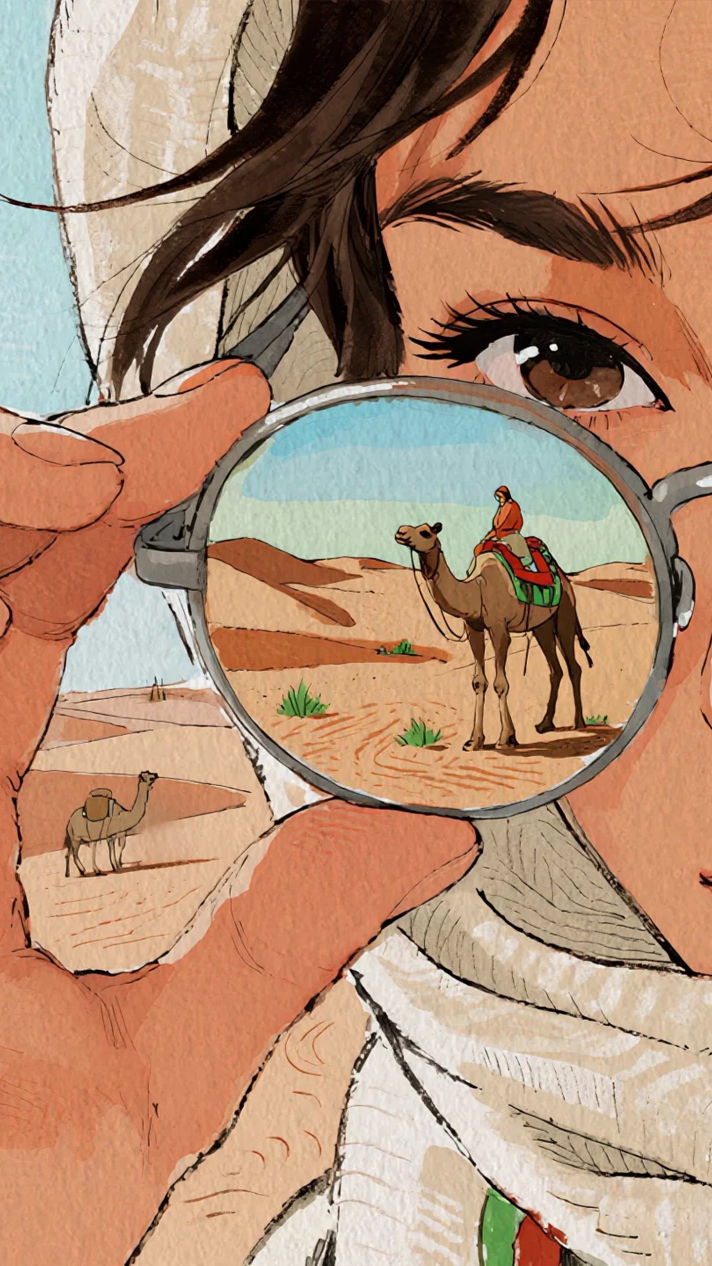 Illustration of a Girl with Magnifying Glass Viewing Camel in Desert