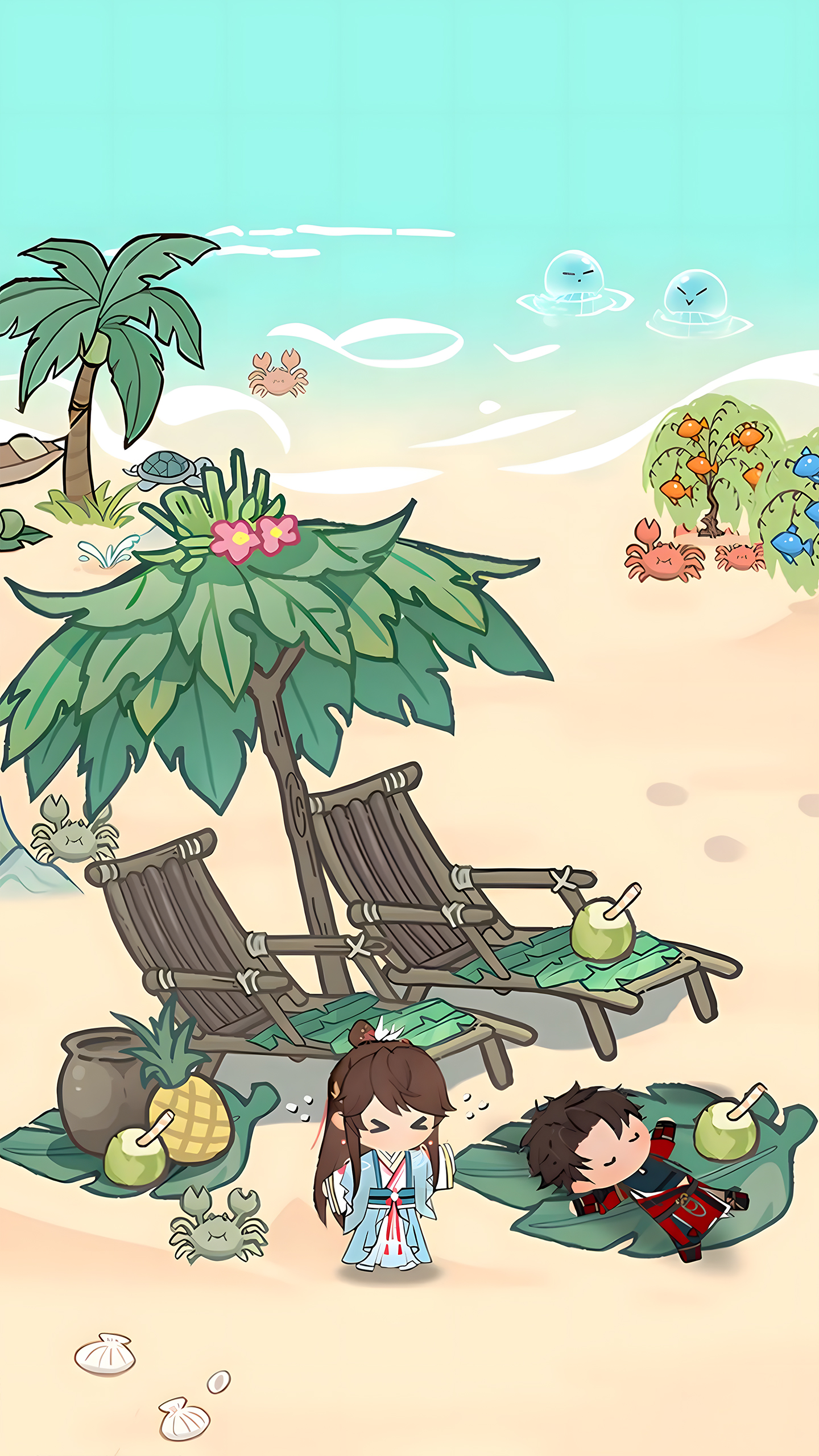 Chibi Beach Bliss: Relaxing Under Palm Leaves with Coconuts！