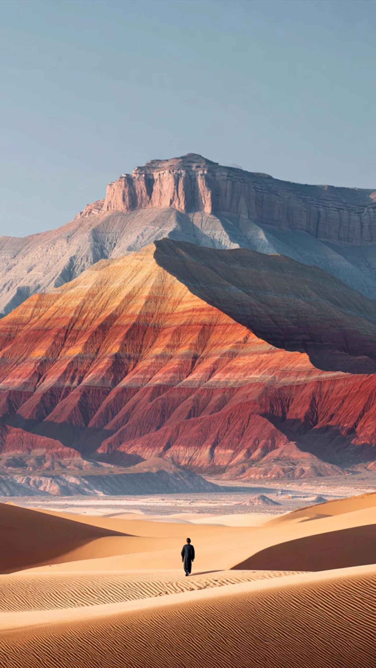 Colorful Mountain and Desert Landscape with a Lone Figure