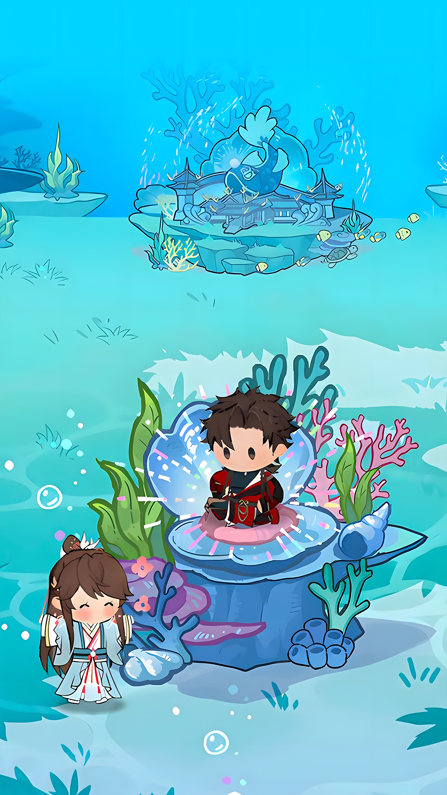 Cute Chibis Explore Underwater World: Boy in Glowing Seashell