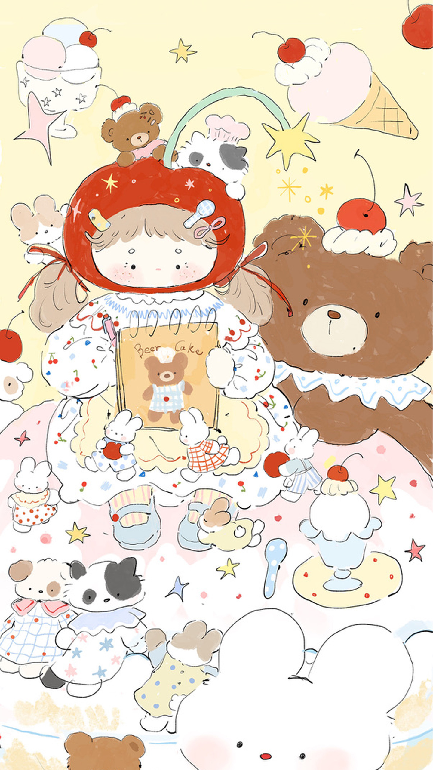 Sweet & Cozy: Adorable Girl's Animal Friends Gathering with Desserts on a Candied-Hue Table!