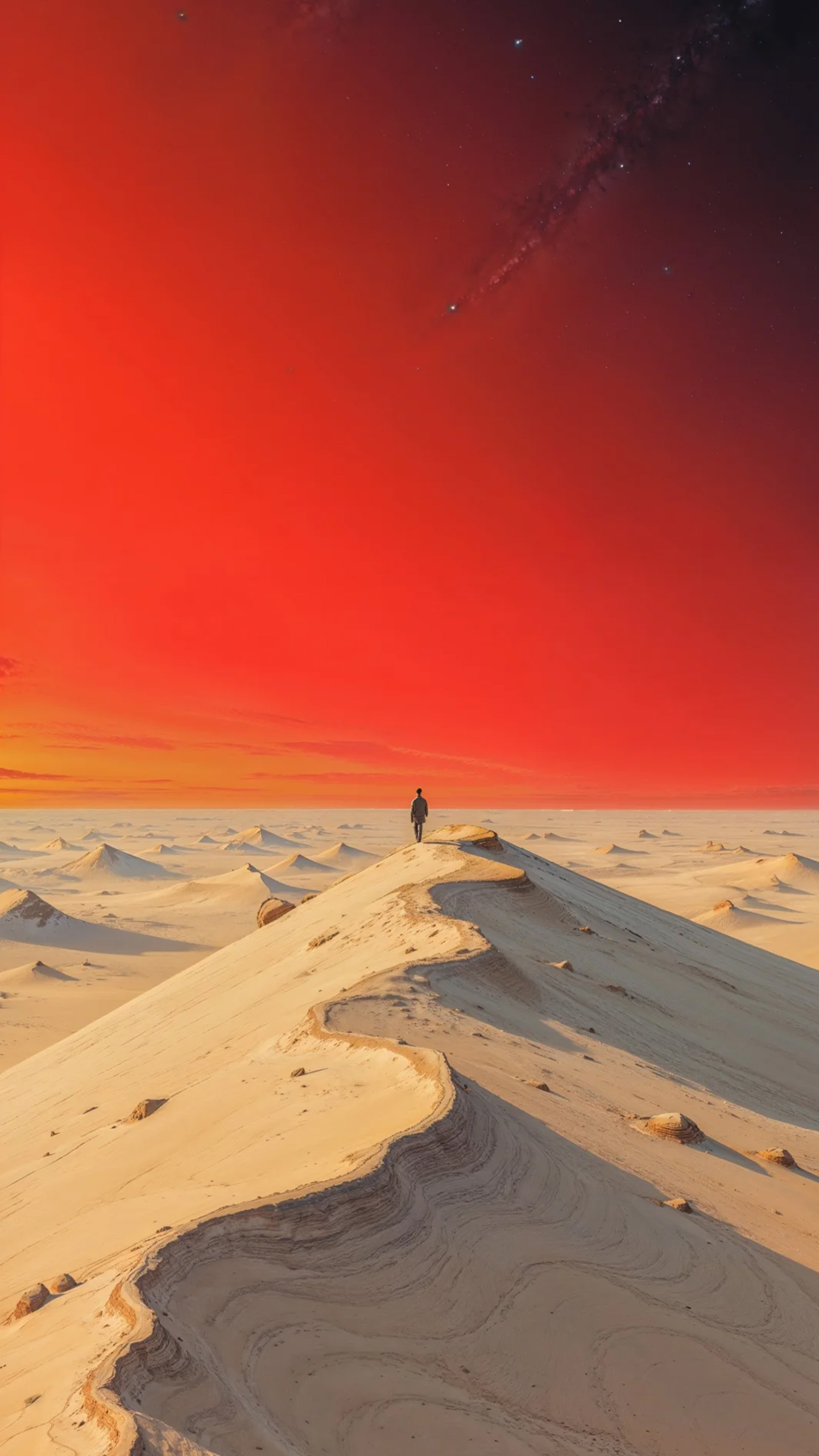 Surreal Desert Landscape Under a Fiery Red Sky