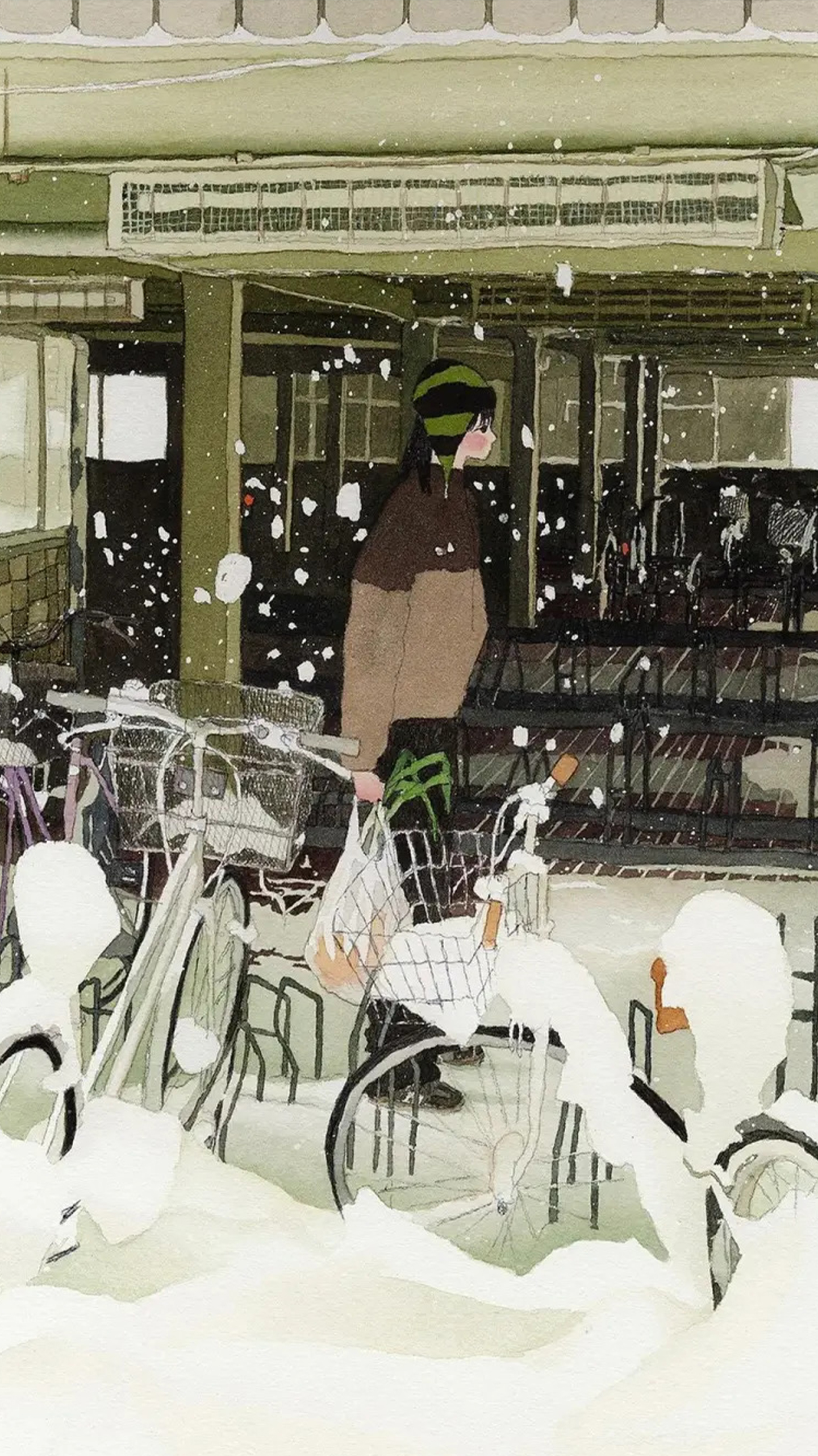 Snowy Street with Bicycles and a Figure