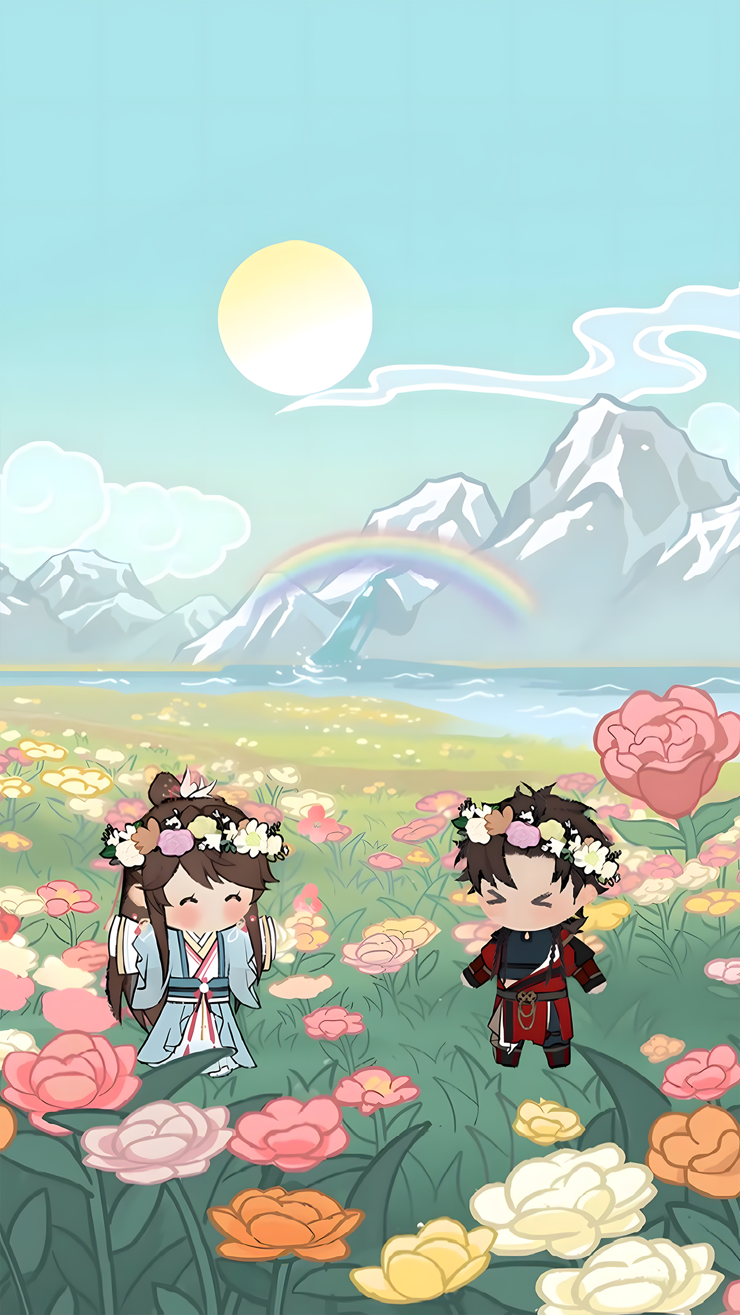 Chibi Duo’s Flower Field Adventure Under Sun & Rainbow