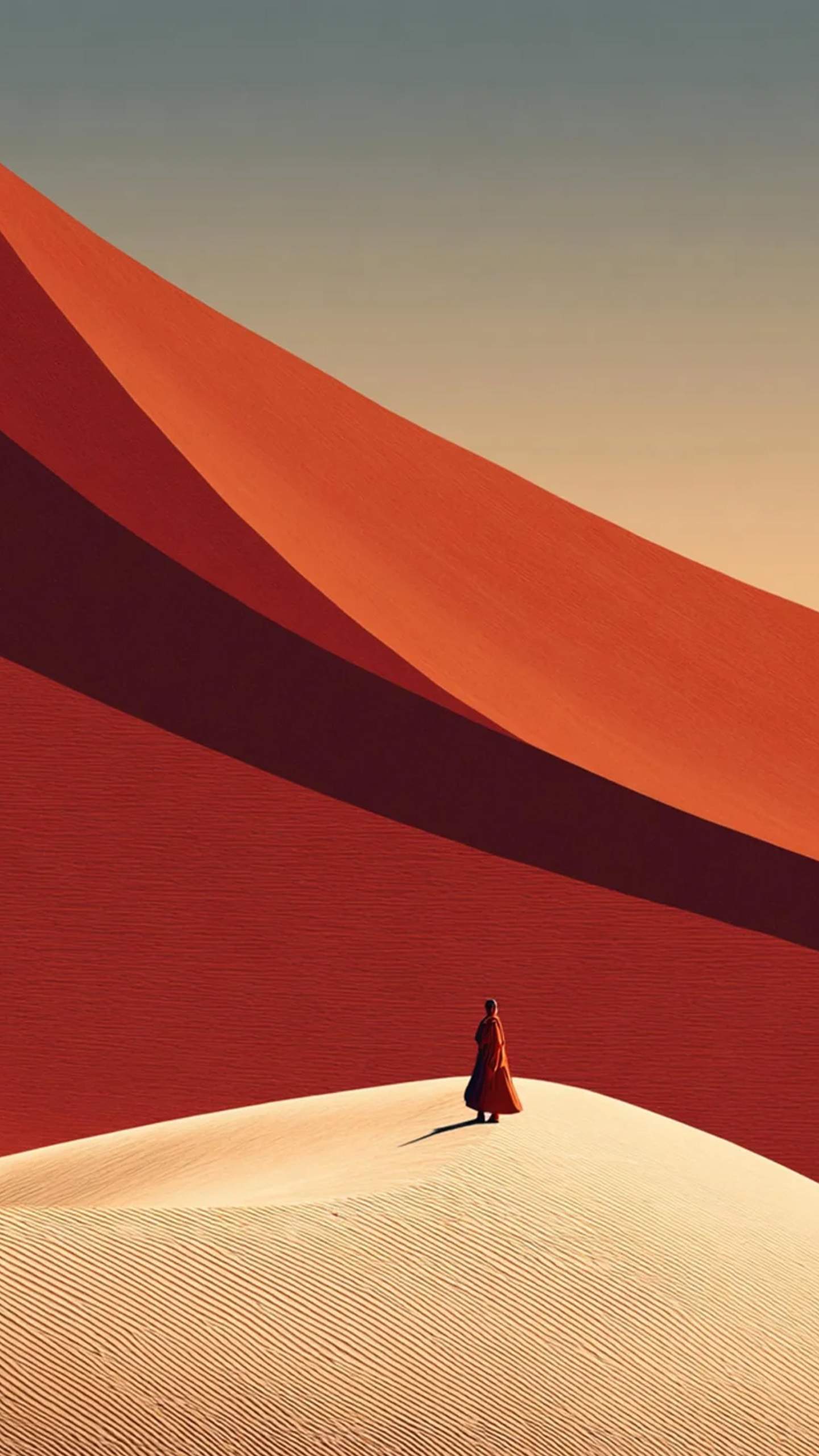Minimalist Desert Dunes and a Figure in Red Robe
