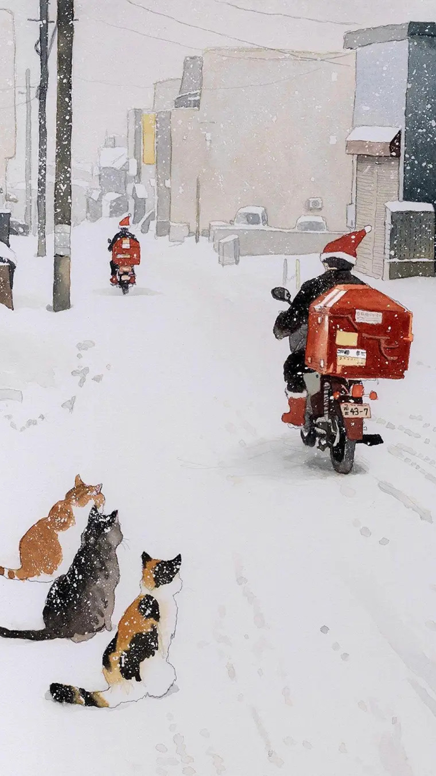 Cats Watching Delivery Riders in a Snowy Street