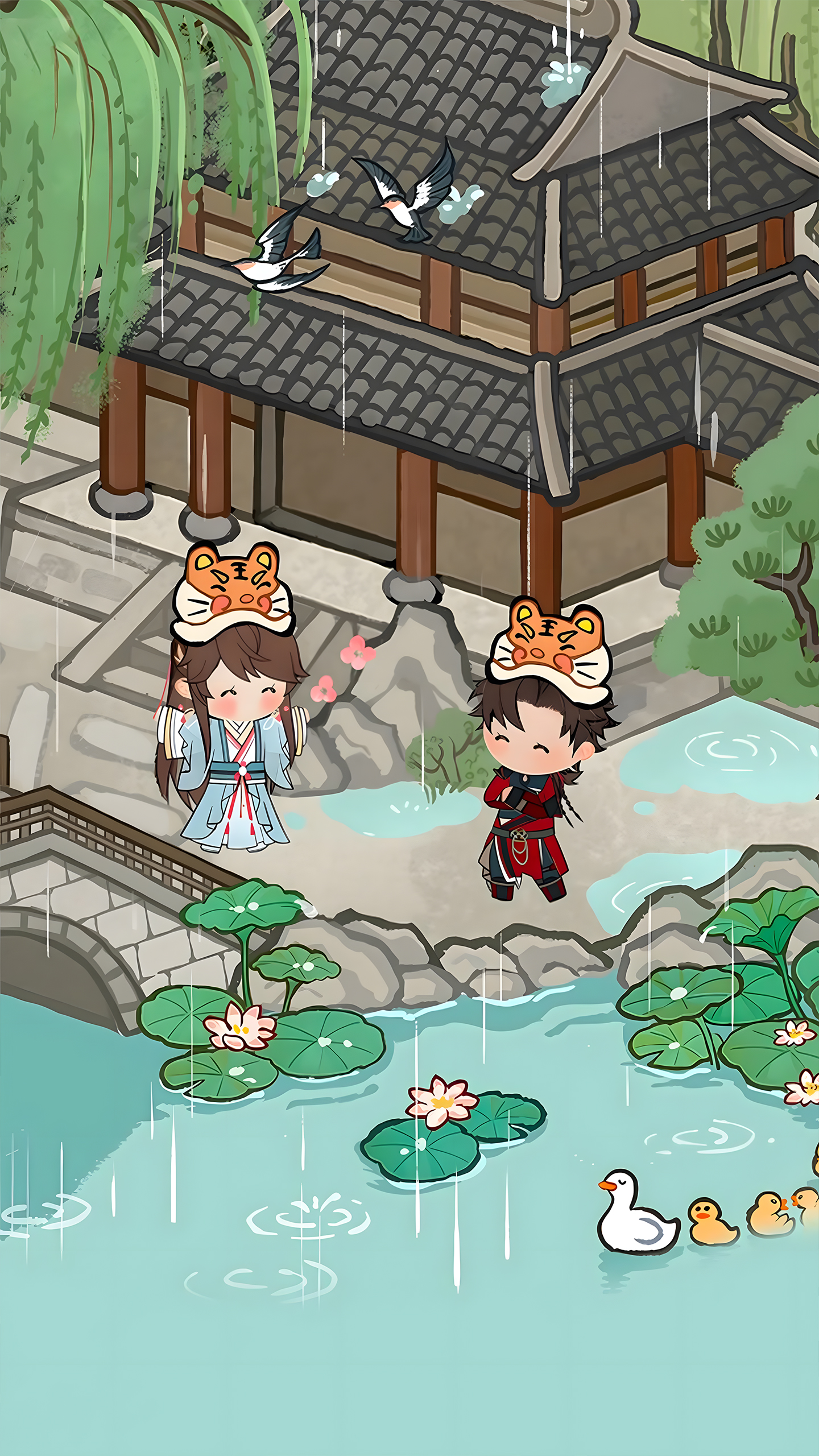 Chibi Duo in Tiger Hats: Rainy Day Garden Adventure！