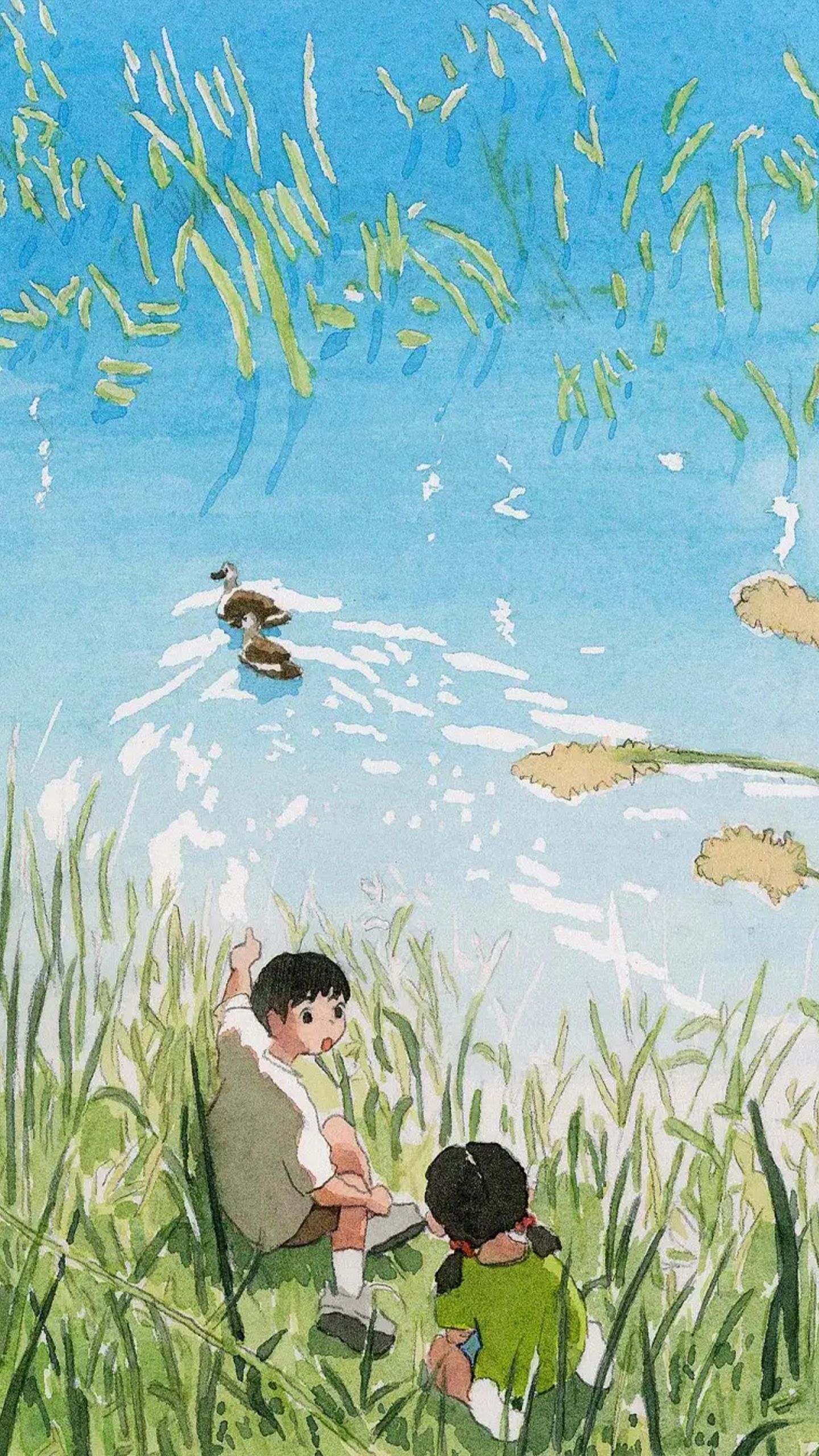 Children by the River in Tall Grass