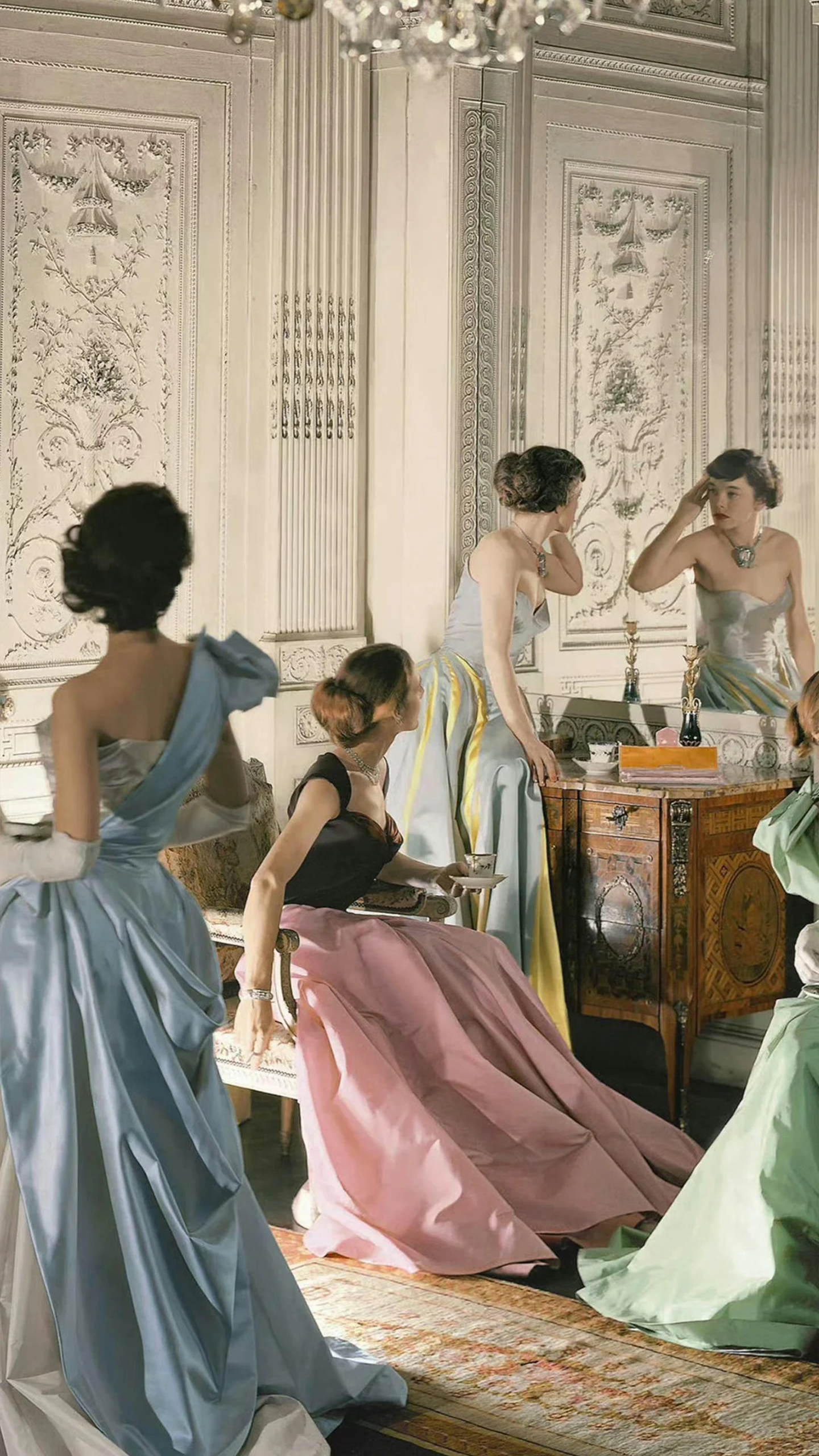 Elegant Women in Vintage Dresses in Ornate Room